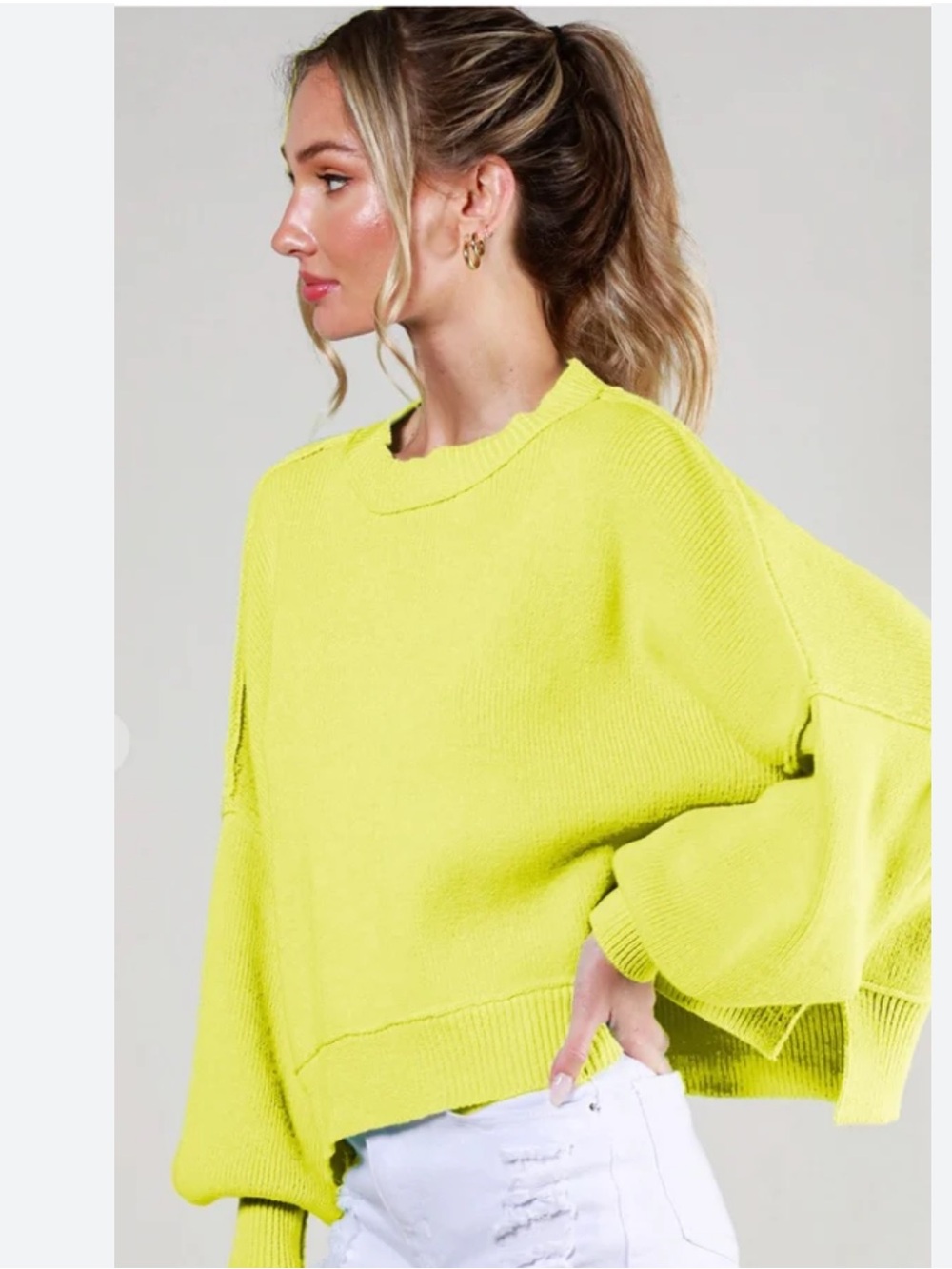 Pilcro Neon Yellow Balloon Sleeve Crewneck Sweater